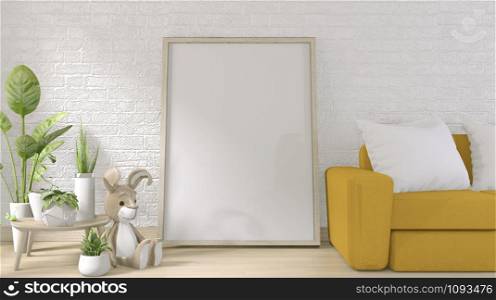 yellow sofa and poster frame on white brick wall on floor wooden minimal design.3D rendering