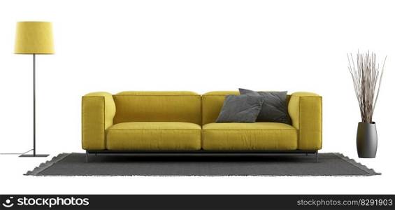 Yellow sofa ,black carpet and floor l&isolated on white - 3d rendering. Yellow sofa with gray cuscion isolated on white