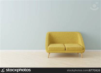 Yellow sofa in Scandinavian style in front of an empty wall. 3D rendered mock-up.
