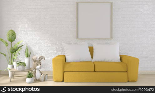 yellow sofa on white brick wall on floor wooden minimal design.3D rendering