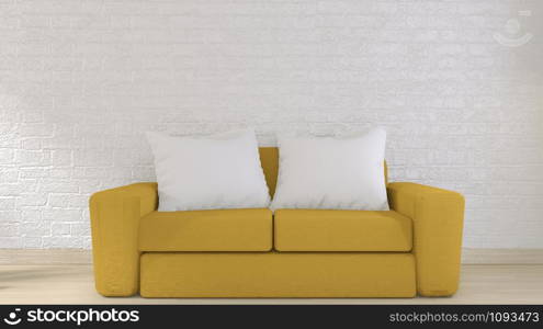 yellow sofa on white brick wall on floor wooden minimal design.3D rendering