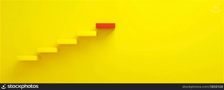 yellow stairs leading to red top step, top level or career, 3D rendering, panoramic layout
