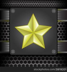 Yellow Star on Metal Perforated Grid Background. Yellow Star