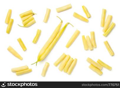 Yellow string beans isolated on white background. Top view, flat lay