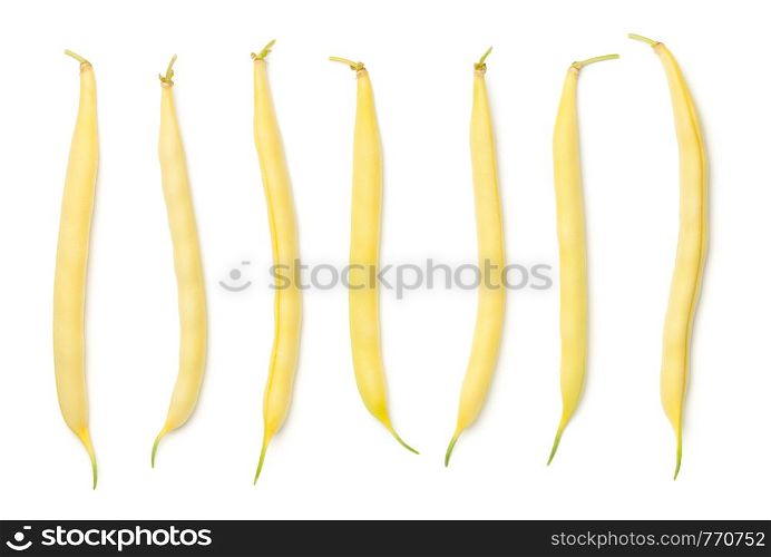 Yellow string beans isolated on white background. Top view, flat lay