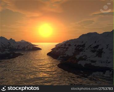 Yellow sunset in a gulf. Snow tops of mountains.