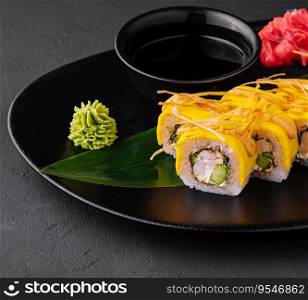 Yellow Sushi Rolls with shrimp and cucumbers