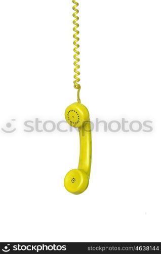 Yellow telephone cable hanging isolated on white background