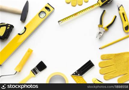 yellow tools frame with copy space. Resolution and high quality beautiful photo. yellow tools frame with copy space. High quality beautiful photo concept