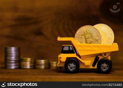 Yellow toy dumper loaded with shiny golden bitcoins is standing next to stacks of coins of various currencies on a wooden background. The advantage of digital currency versus physical money. Yellow toy dumper loaded with shiny golden bitcoins