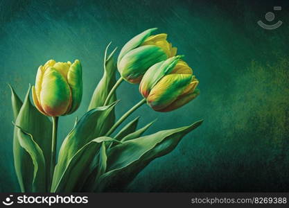 yellow tulips on green background, AI Generative