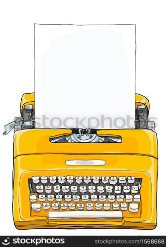 Yellow Typewriter Vintage Portable Manual typewriter with blank paper illustration