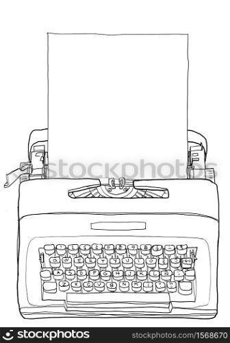 Yellow Typewriter Vintage Portable Manual typewriter with blank paper line art illustration