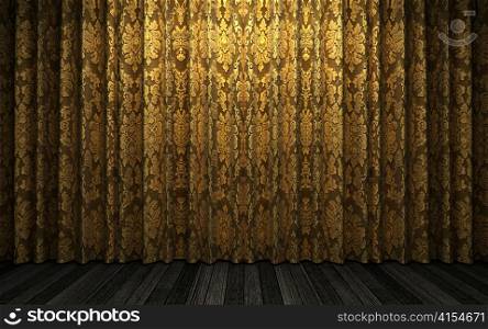 yellow velvet curtain opening scene made in 3d