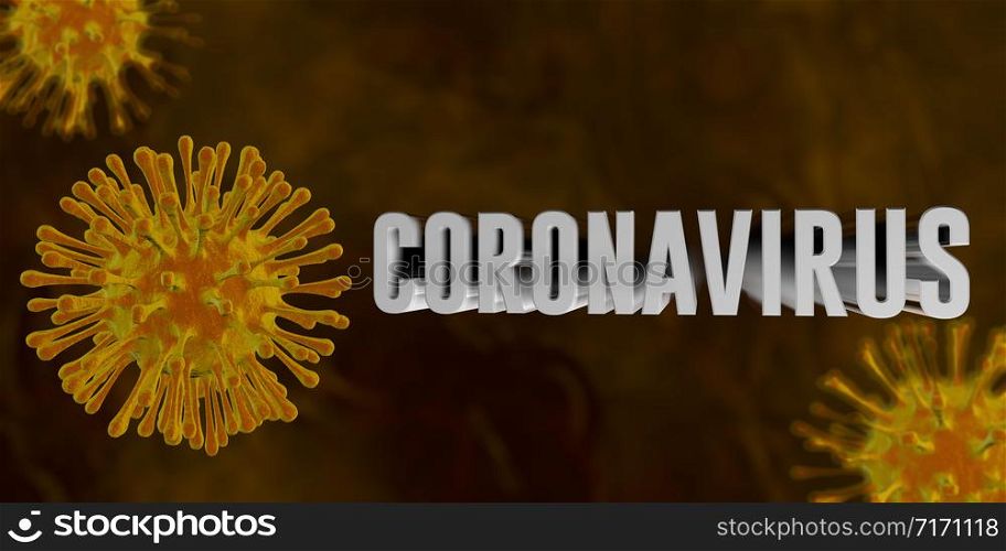 Yellow viruses rough texture with CORONAVIRUS word floating on a dark yellow background. 3D Illustration. Yellow viruses with CORONAVIRUS word floating on a dark yellow background. 3D Illustration
