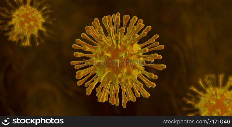 Yellow viruses with hairs and rough texture floating on a dark yellow background. 3D Illustration. Yellow viruses with hairs floating on a dark yellow background. 3D Illustration