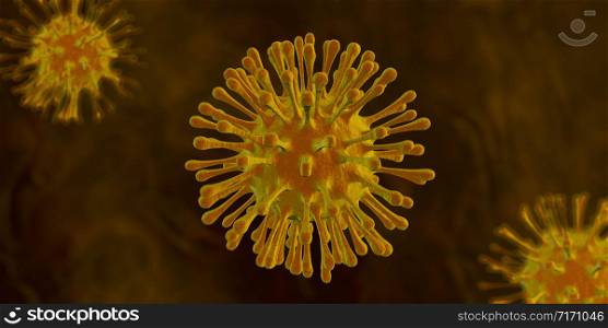 Yellow viruses with hairs and rough texture floating on a dark yellow background. 3D Illustration. Yellow viruses with hairs floating on a dark yellow background. 3D Illustration