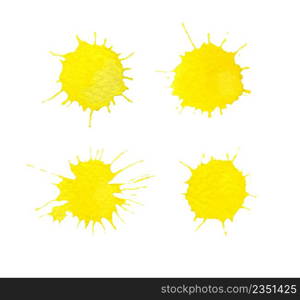 Yellow watercolor elements isolated on white. Watercolor splash spot set. Yellow watercolor painted stains set