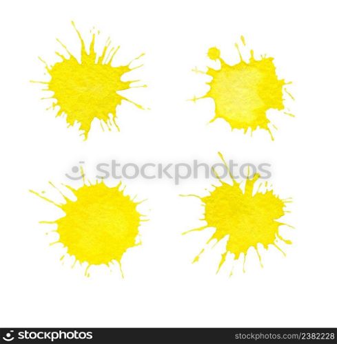 Yellow watercolor elements isolated on white. Watercolor splash spot set. Yellow watercolor painted stains set