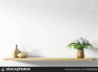 Yellow wooden shelf with bouquet of white roses in copper vase over white wall, home decor, interior background 3d rendering