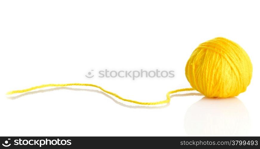 Yellow wool yarn ball isolated on white background