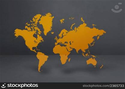 Yellow world map isolated on black concrete wall background. 3D illustration. Yellow world map on black concrete wall background. 3D illustration