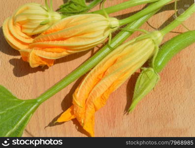 Yellow zucchini blossoms and leaves on wooden cutting board