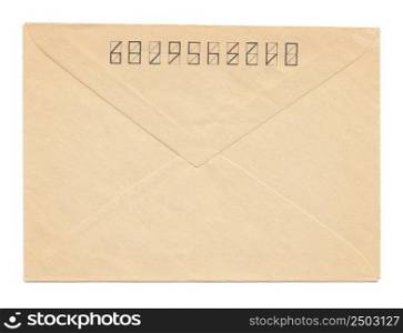 Yellowed paper vinatge envelope back side, closed, isolated on white