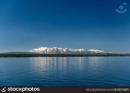 Yellowstone Lake with mountains landscape, Wyoming, USA