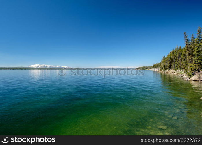 Yellowstone Lake with mountains landscape, Wyoming, USA