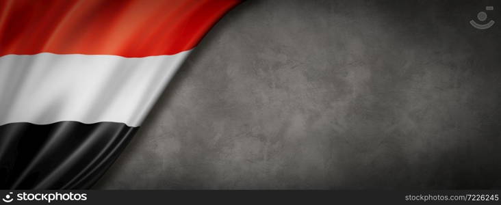 Yemen flag on concrete wall. Horizontal panoramic banner. 3D illustration. Yemen flag on concrete wall banner