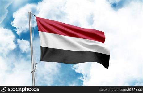 Yemen flag waving on sky background. 3D Rendering