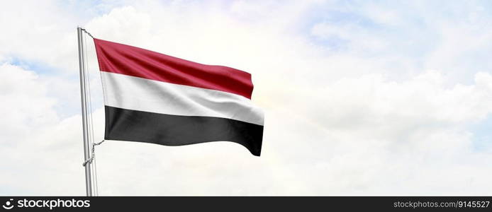 Yemen flag waving on sky background. 3D Rendering