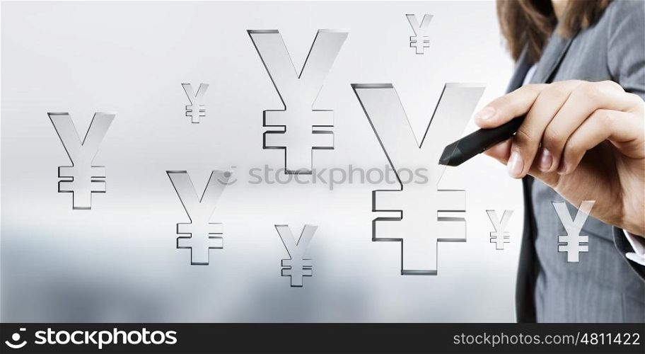 Yen currency concept. Businesswoman hand press with stylus yen icon on screen
