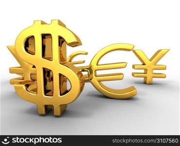 Yen, dollar, euro. Signs. 3d