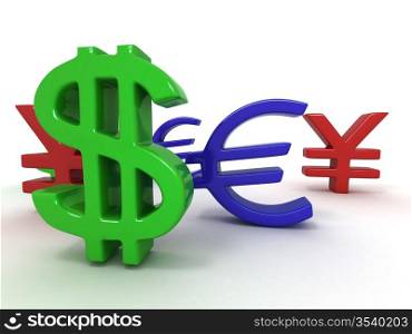 Yen, dollar, euro. Signs. 3d