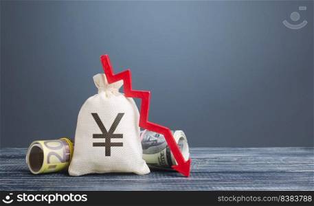 Yen yuan money bag and red arrow down. Economic difficulties. Stagnation, recession, declining business activity, falling wealth. Capital flight, high risks. Costs expenses. Crisis, loss money savings