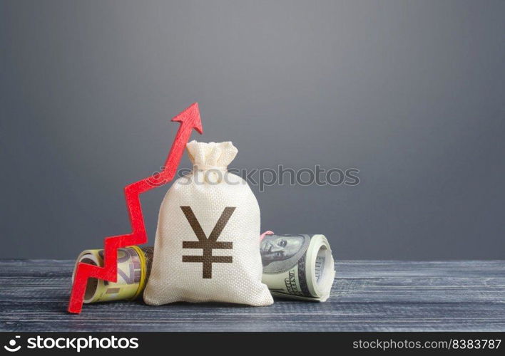 Yen yuan money bag and red arrow up. Economic recovery and growth, optimistic forecast of economic rise. Market stability. Influx of investment and capital, increase of wealth. Rising inflation.