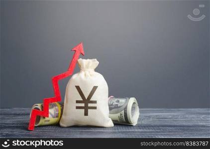 Yen yuan money bag and red arrow up. Economic recovery and growth, optimistic forecast of economic rise. Market stability. Influx of investment and capital, increase of wealth. Rising inflation.