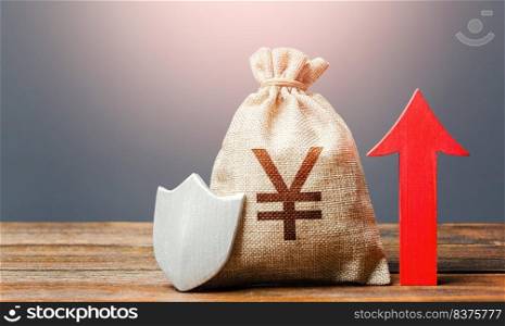 Yen Yuan money bag with a shield and a red arrow up. Safety of investments, savings. Increasing the maximum amount of guaranteed insurance compensation for deposits. Financial stability.
