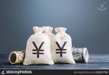 Yen yuan money bags. Capital investment, savings. Economics, lending business. Profit income, dividends payouts. Crowdfunding startups investing. Banking service, monetary policy. Reserve currency