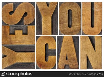 Yes you can - motivational slogan - isolated text in vintage letterpress wood type printing block, rectangular layout