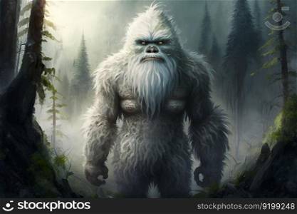 Yeti or abominable snowman walks through winter forest area. Neural network AI generated art. Yeti or abominable snowman walks through winter forest area. Neural network generated art