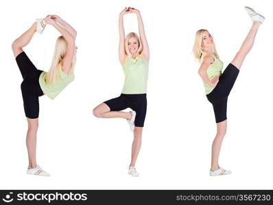 yoga exercises collage on white background