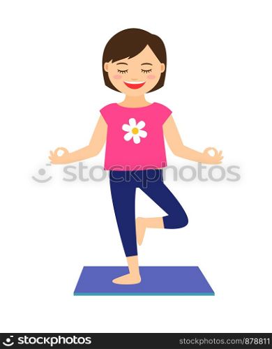 Yoga kids vector illustration. Young girl in yoga pose isolated on white background. Young girl in yoga pose