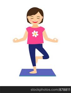 Yoga kids vector illustration. Young girl in yoga pose isolated on white background. Young girl in yoga pose