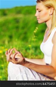 Yoga meditation outdoor, healthy female in peace, soul &amp; mind zen balance concept