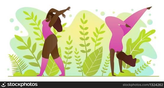 Yoga Practice for Summer in Park Cartoon Flat. Beautiful Tanned Woman in Sportswear Standing in Posture Relaxation. Activity Energy Concentration in Healthy Body. Vector Illustration.