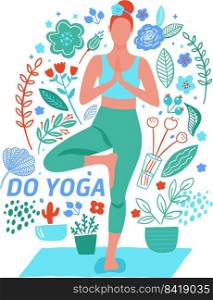 Yoga set girl pose in doodle style. cute cartoon illustrations drawn people