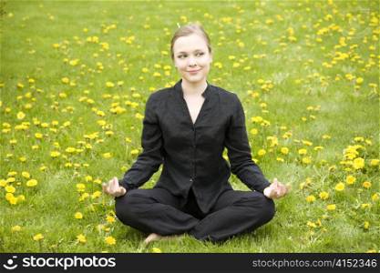 Yoga. Woman Training In The Garden.